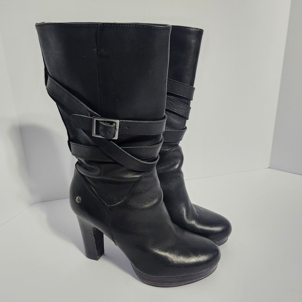 UGG AUSTRALIA JARDIN BLACK LEATHER MID-CALF BOOTS Womens Size 7 US Classic Zip